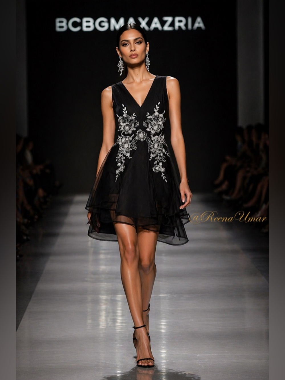 NWT BCBGMaxAzria Black V-Neck Mini Dress with White Floral Embroidery – Size 0